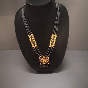 Artisan Beaded Necklace with Black & Orange Seed Beads in a Geometric Design